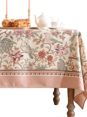 Patdrea Pink Floral Bird Linen Tablecloth French Vintage Rectangle 55x71 NWT